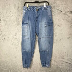 Y2K Streetwear Denim Cargo Jogger Pants Size 12 Utility‎ Pockets Elastic Waist
